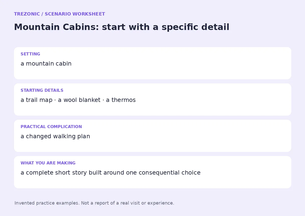 Practice worksheet for Mountain Cabins: setting, starting details, complication and goal