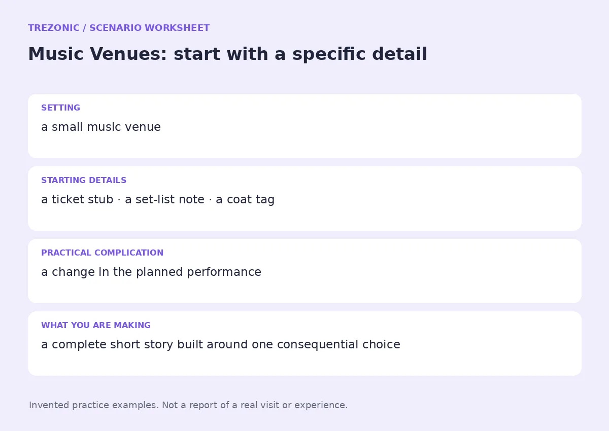 Practice worksheet for Music Venues: setting, starting details, complication and goal