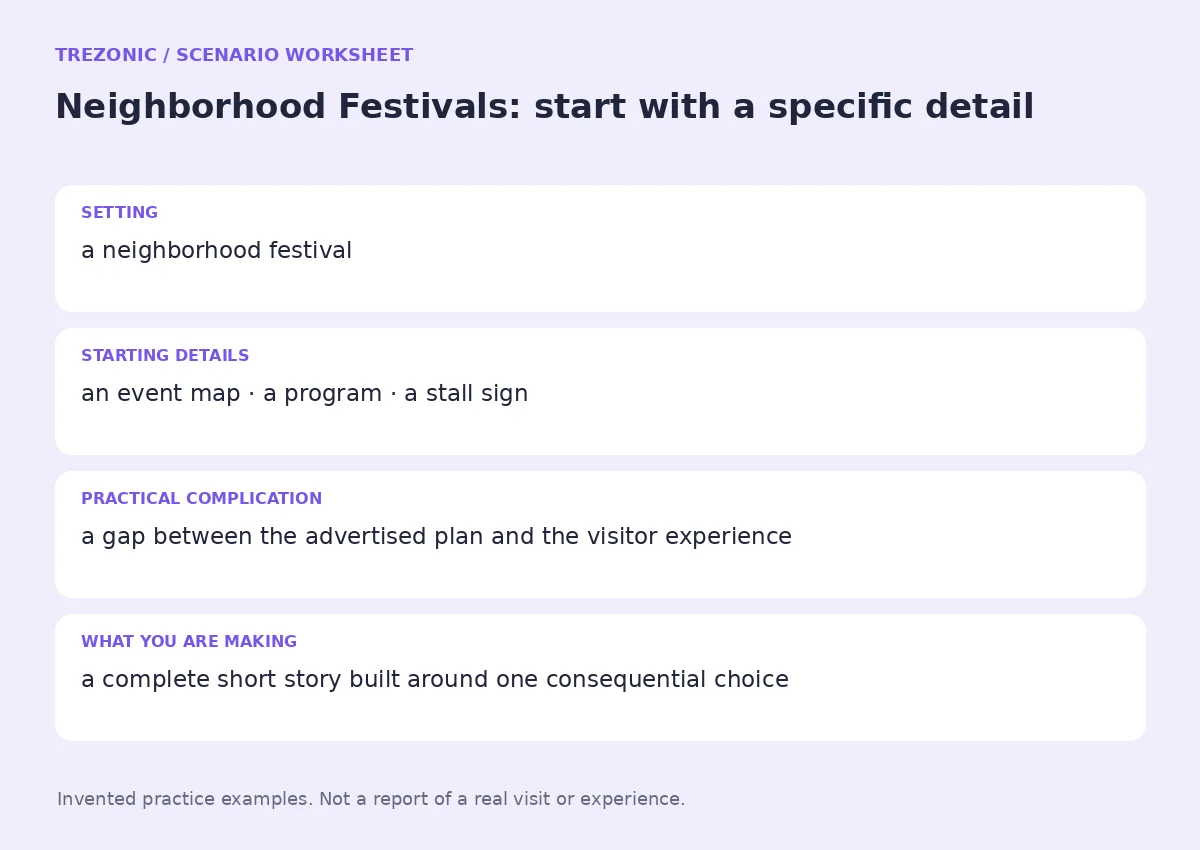 Practice worksheet for Neighborhood Festivals: setting, starting details, complication and goal