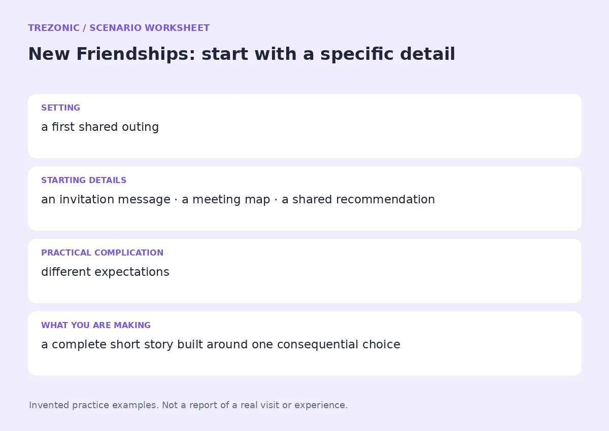 Practice worksheet for New Friendships: setting, starting details, complication and goal