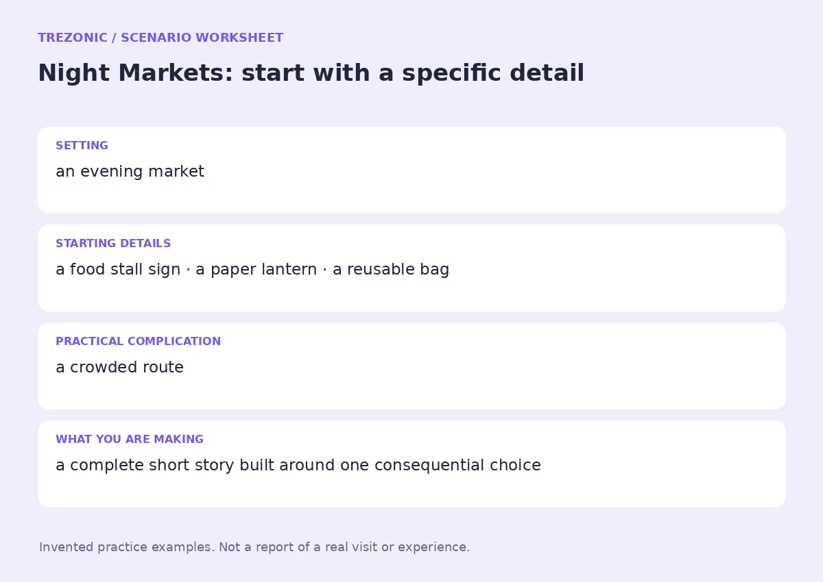 Practice worksheet for Night Markets: setting, starting details, complication and goal