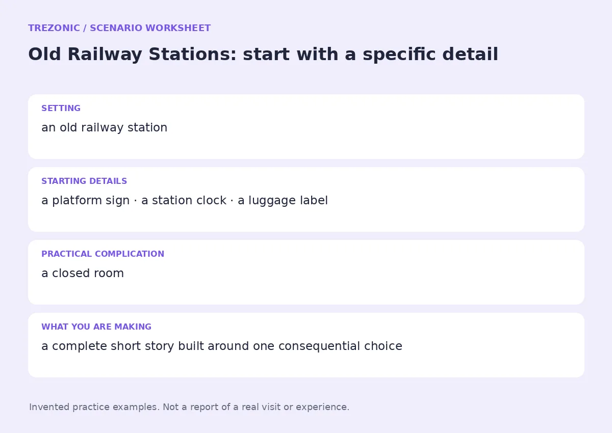 Practice worksheet for Old Railway Stations: setting, starting details, complication and goal