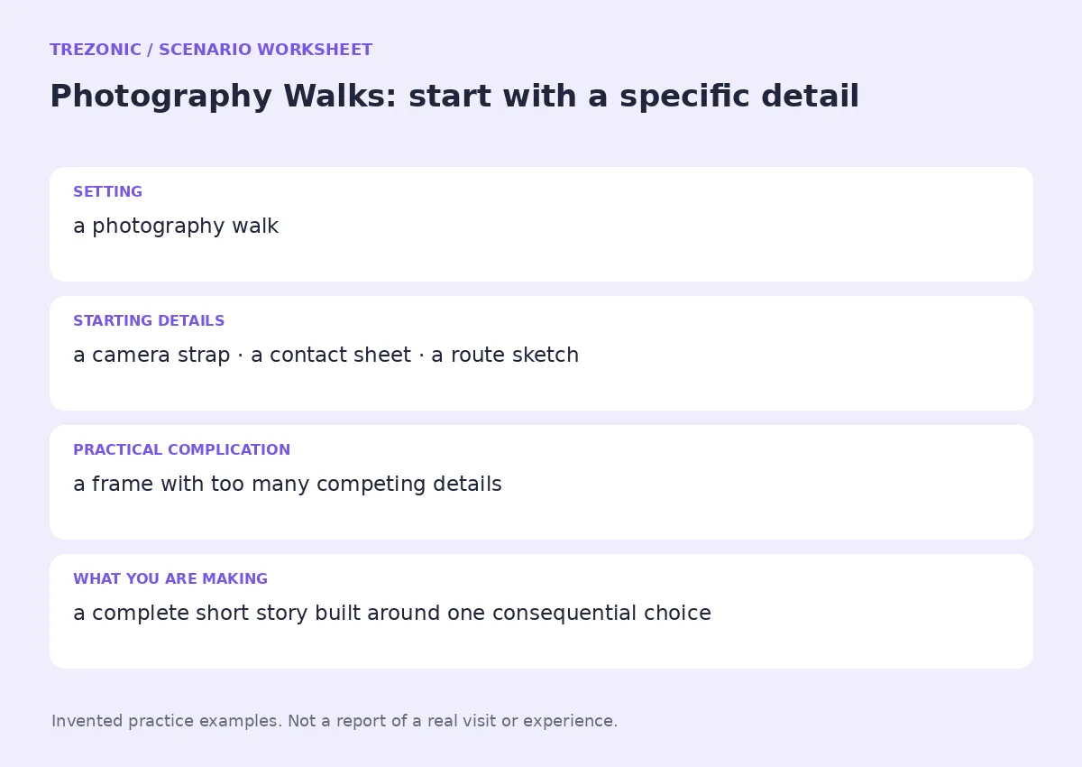 Practice worksheet for Photography Walks: setting, starting details, complication and goal