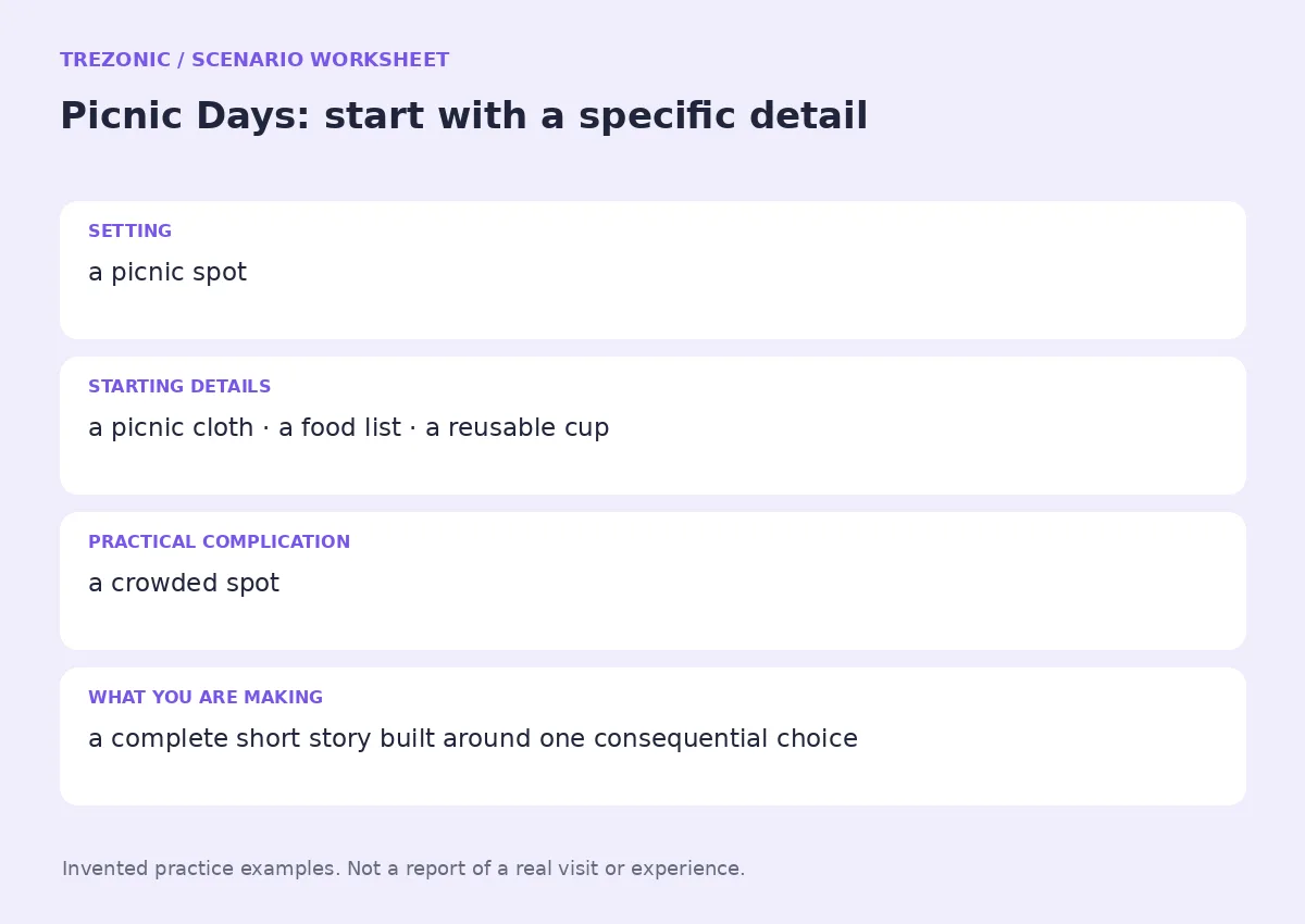 Practice worksheet for Picnic Days: setting, starting details, complication and goal