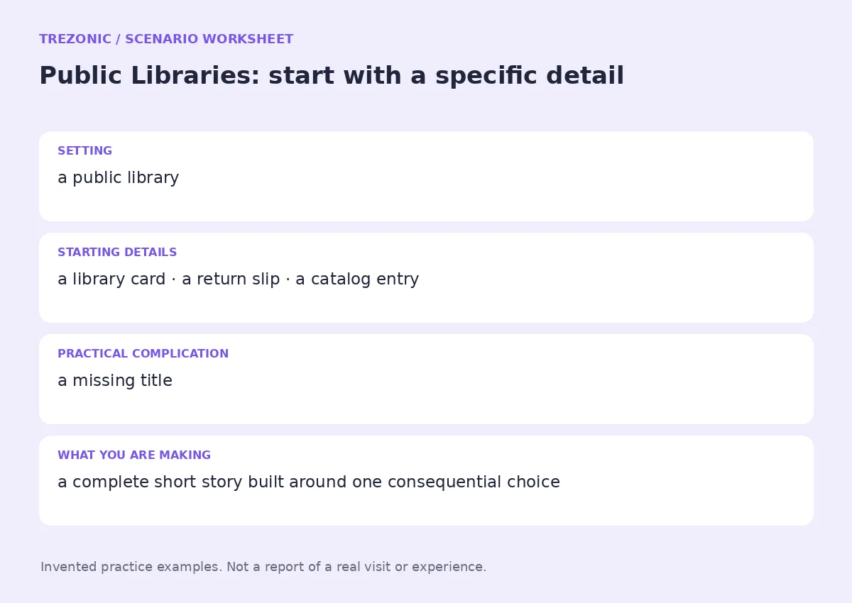 Practice worksheet for Public Libraries: setting, starting details, complication and goal