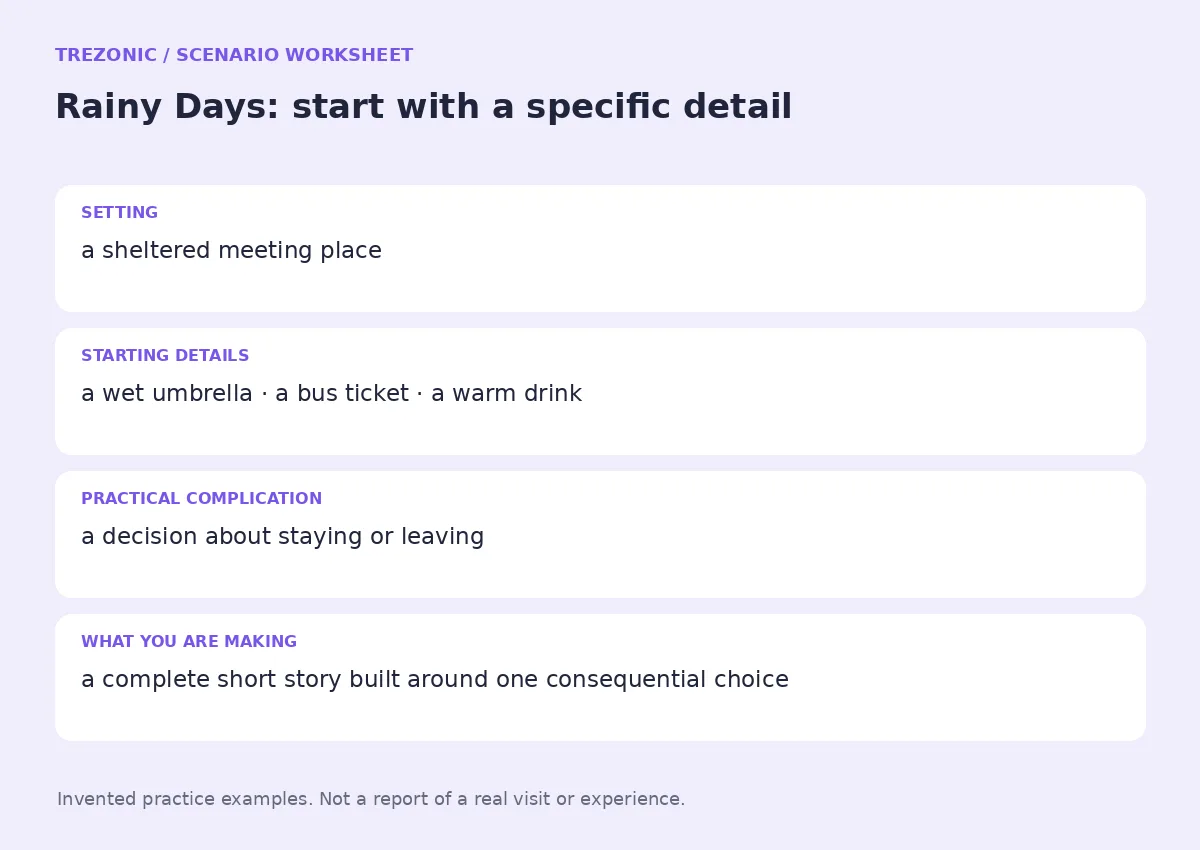 Practice worksheet for Rainy Days: setting, starting details, complication and goal