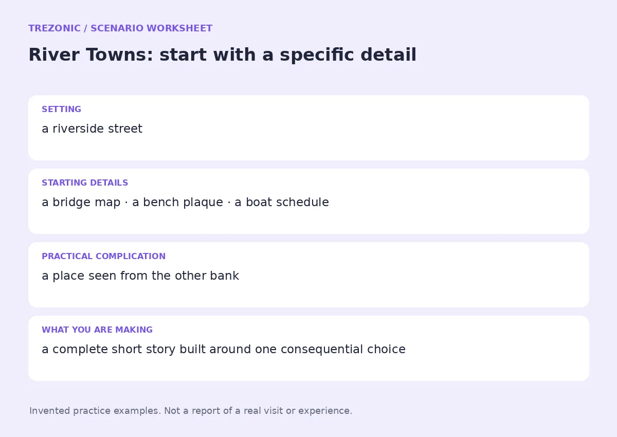 Practice worksheet for River Towns: setting, starting details, complication and goal