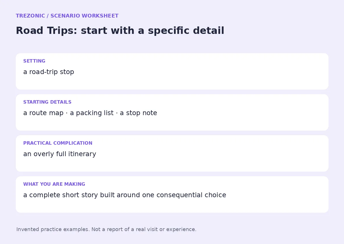 Practice worksheet for Road Trips: setting, starting details, complication and goal