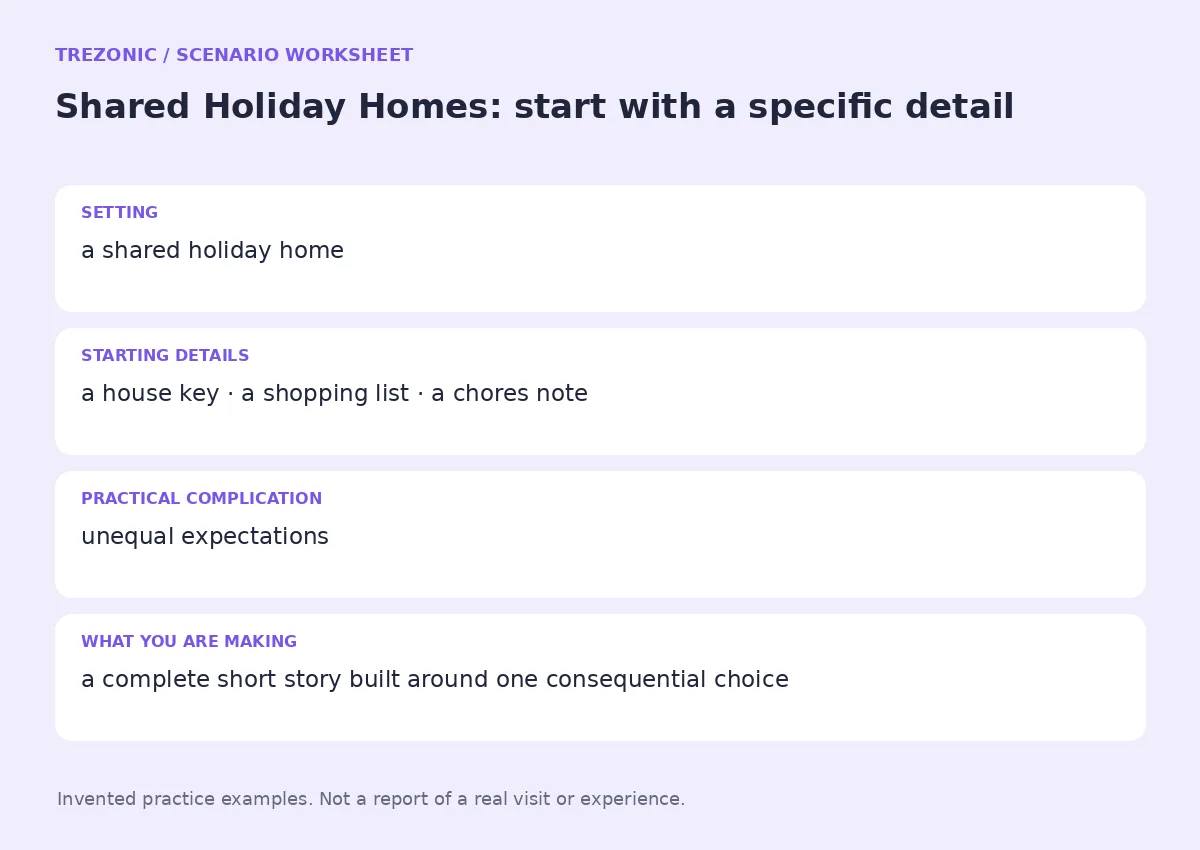 Practice worksheet for Shared Holiday Homes: setting, starting details, complication and goal