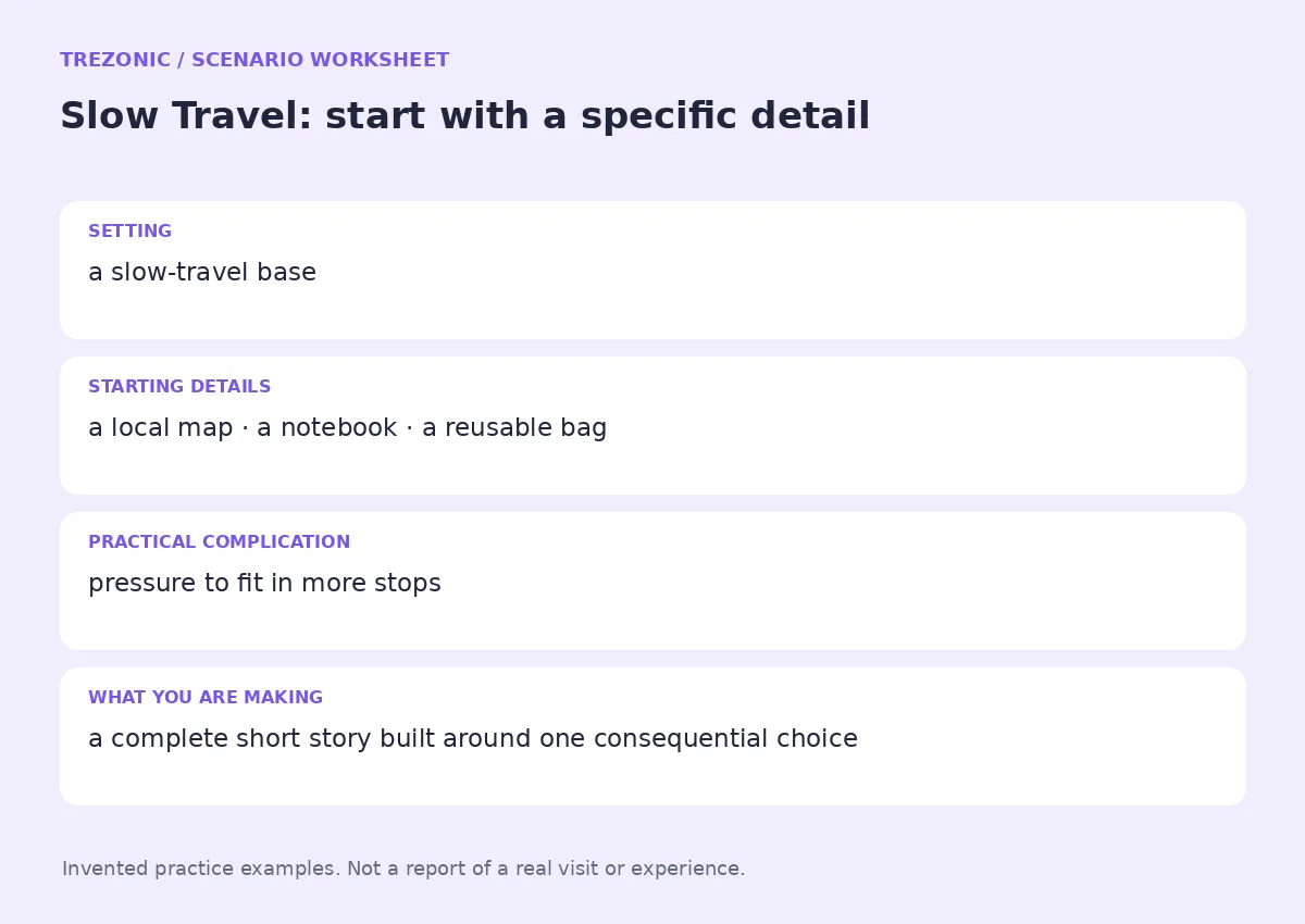 Practice worksheet for Slow Travel: setting, starting details, complication and goal