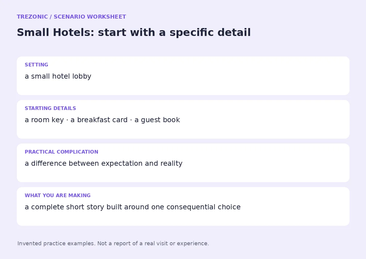 Practice worksheet for Small Hotels: setting, starting details, complication and goal