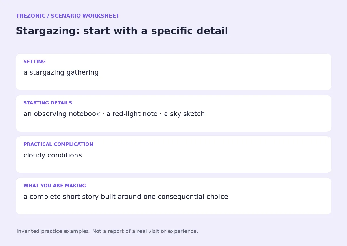 Practice worksheet for Stargazing: setting, starting details, complication and goal