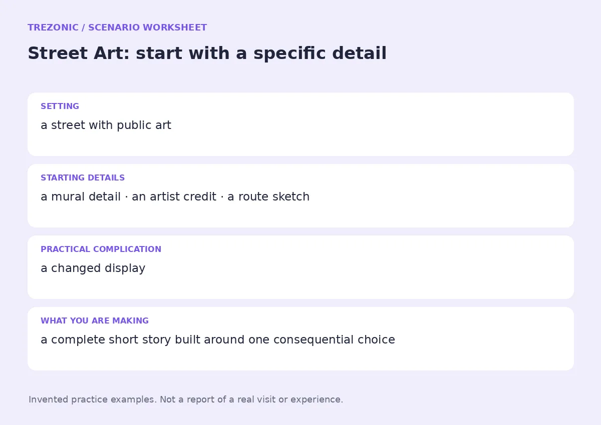 Practice worksheet for Street Art: setting, starting details, complication and goal