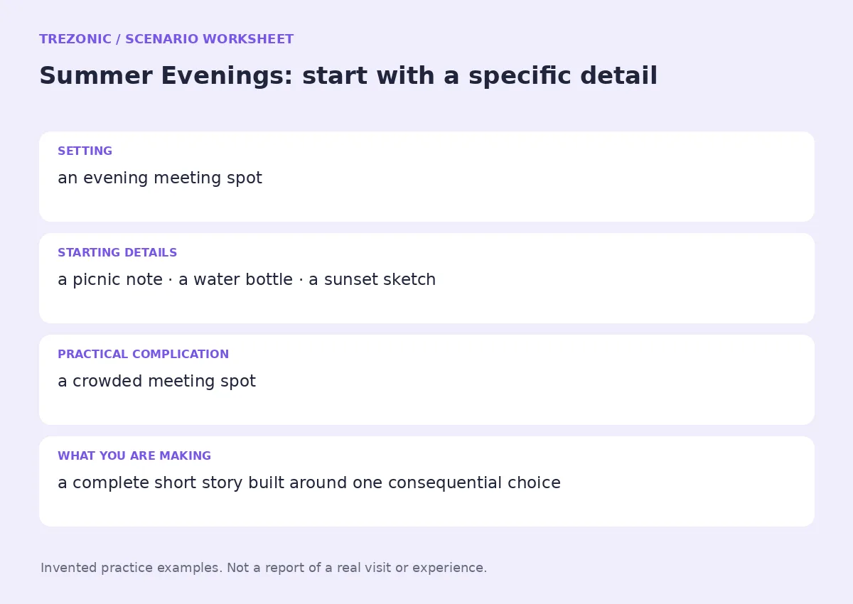 Practice worksheet for Summer Evenings: setting, starting details, complication and goal