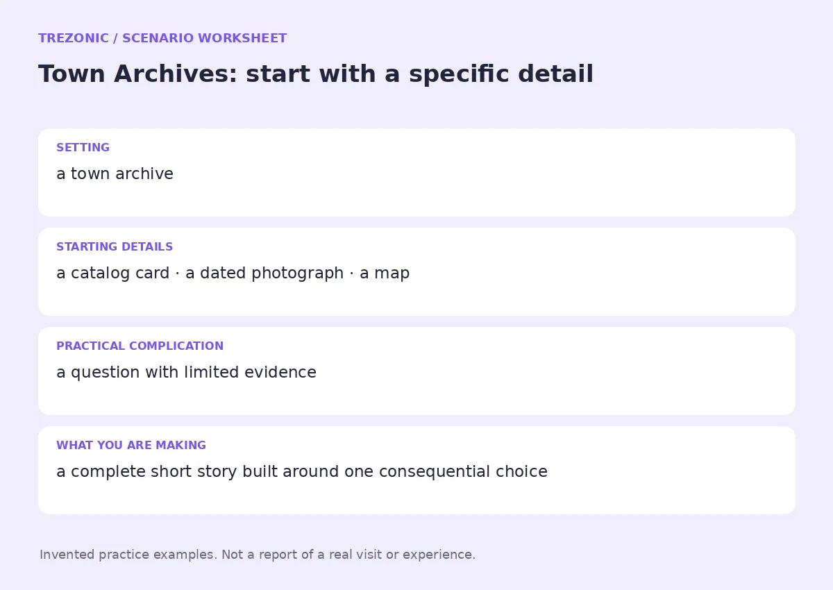 Practice worksheet for Town Archives: setting, starting details, complication and goal
