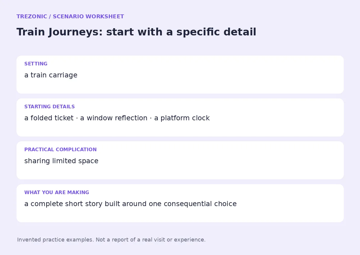 Practice worksheet for Train Journeys: setting, starting details, complication and goal
