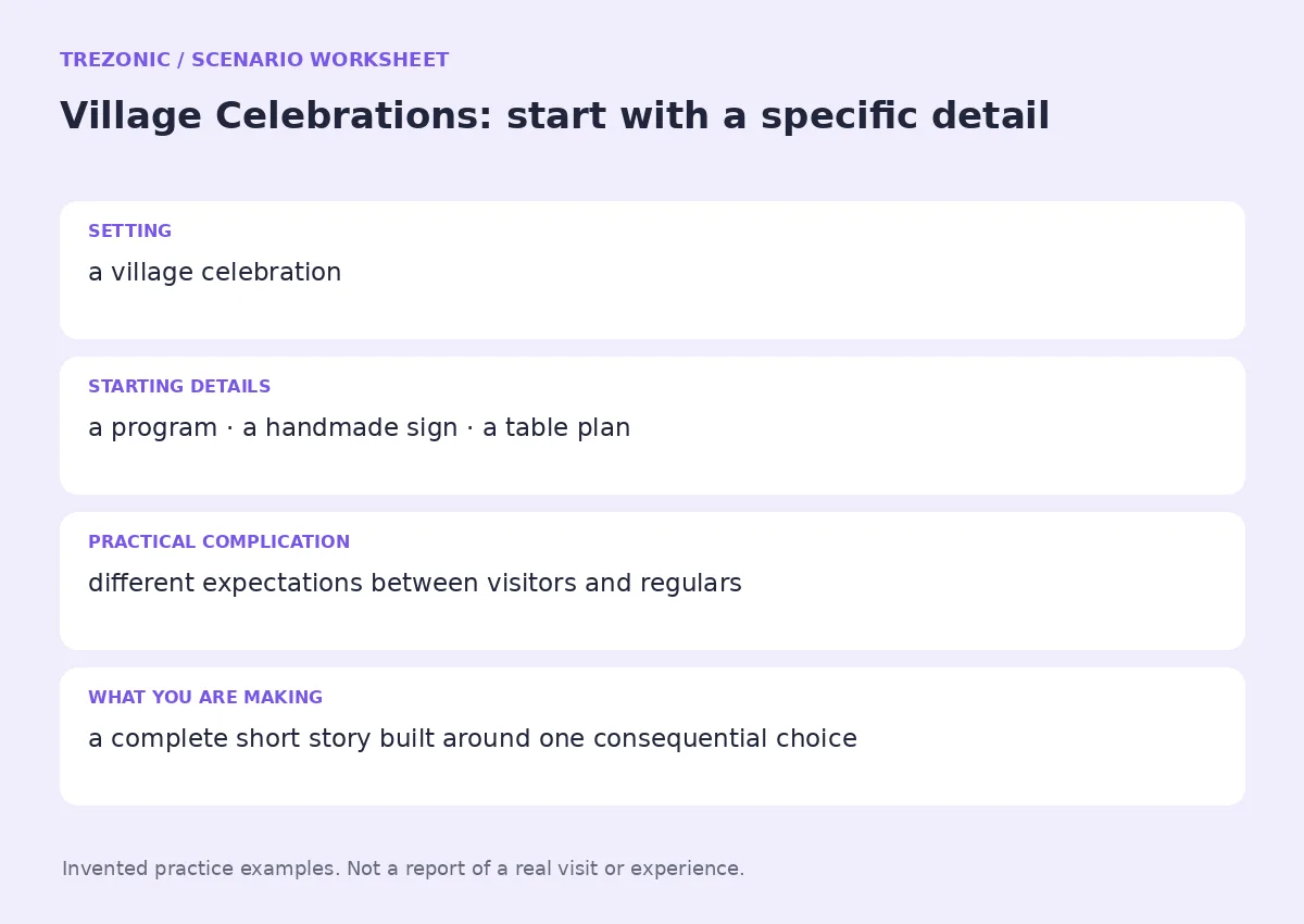 Practice worksheet for Village Celebrations: setting, starting details, complication and goal