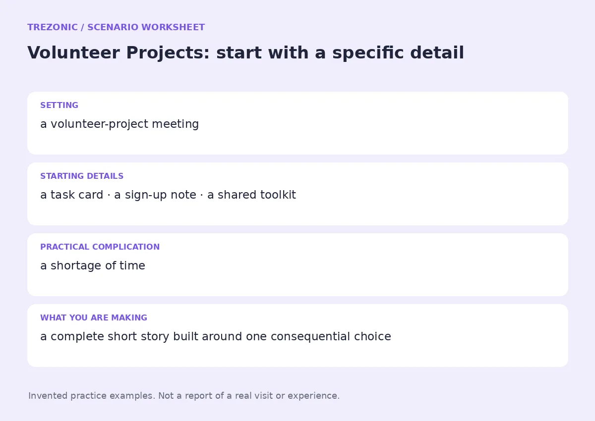 Practice worksheet for Volunteer Projects: setting, starting details, complication and goal