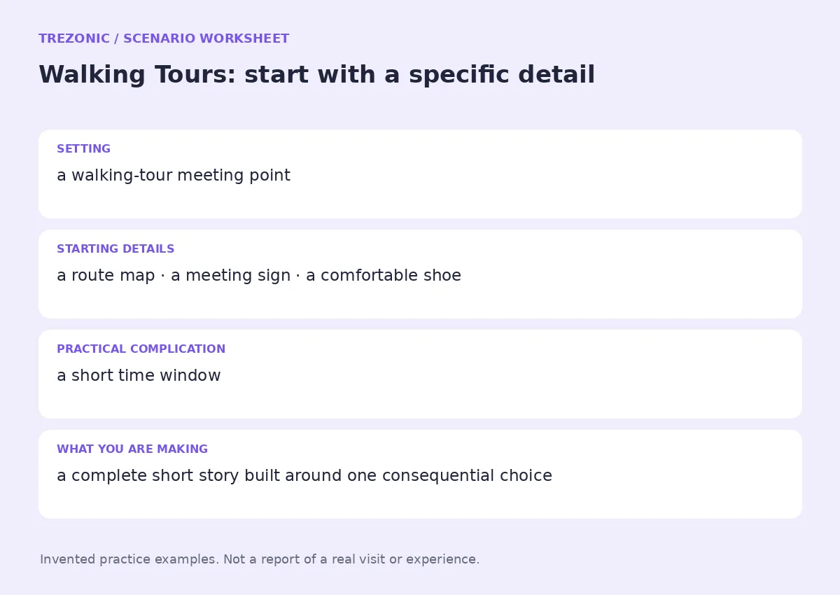 Practice worksheet for Walking Tours: setting, starting details, complication and goal