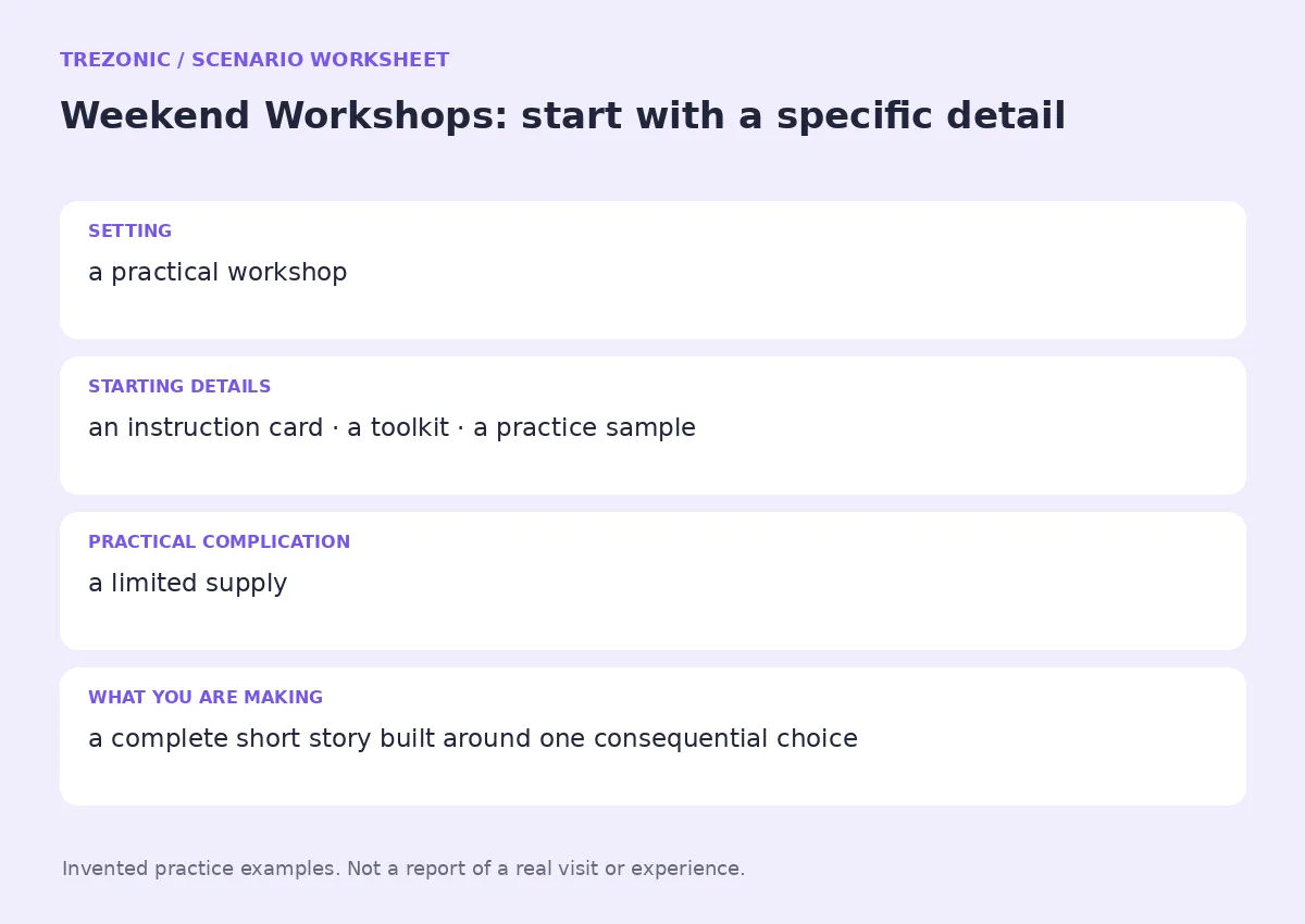 Practice worksheet for Weekend Workshops: setting, starting details, complication and goal