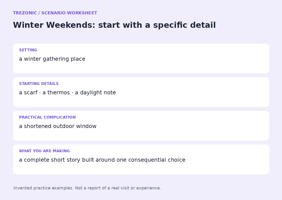Practice worksheet for Winter Weekends: setting, starting details, complication and goal