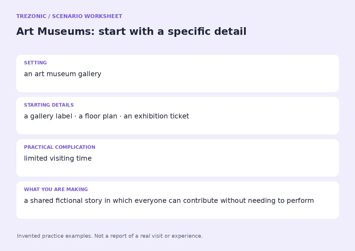 Practice worksheet for Art Museums: setting, starting details, complication and goal
