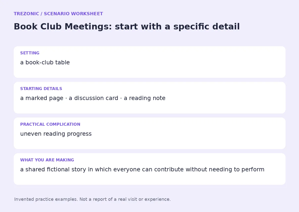 Practice worksheet for Book Club Meetings: setting, starting details, complication and goal