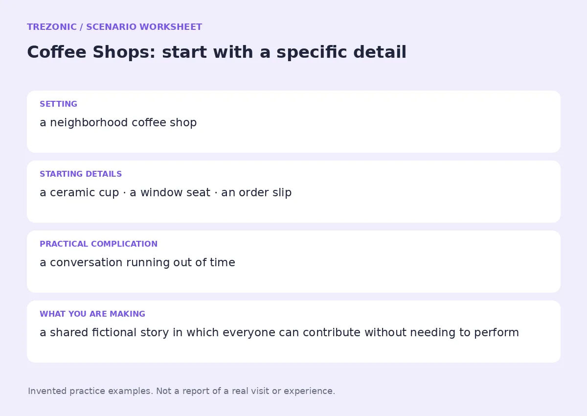 Practice worksheet for Coffee Shops: setting, starting details, complication and goal
