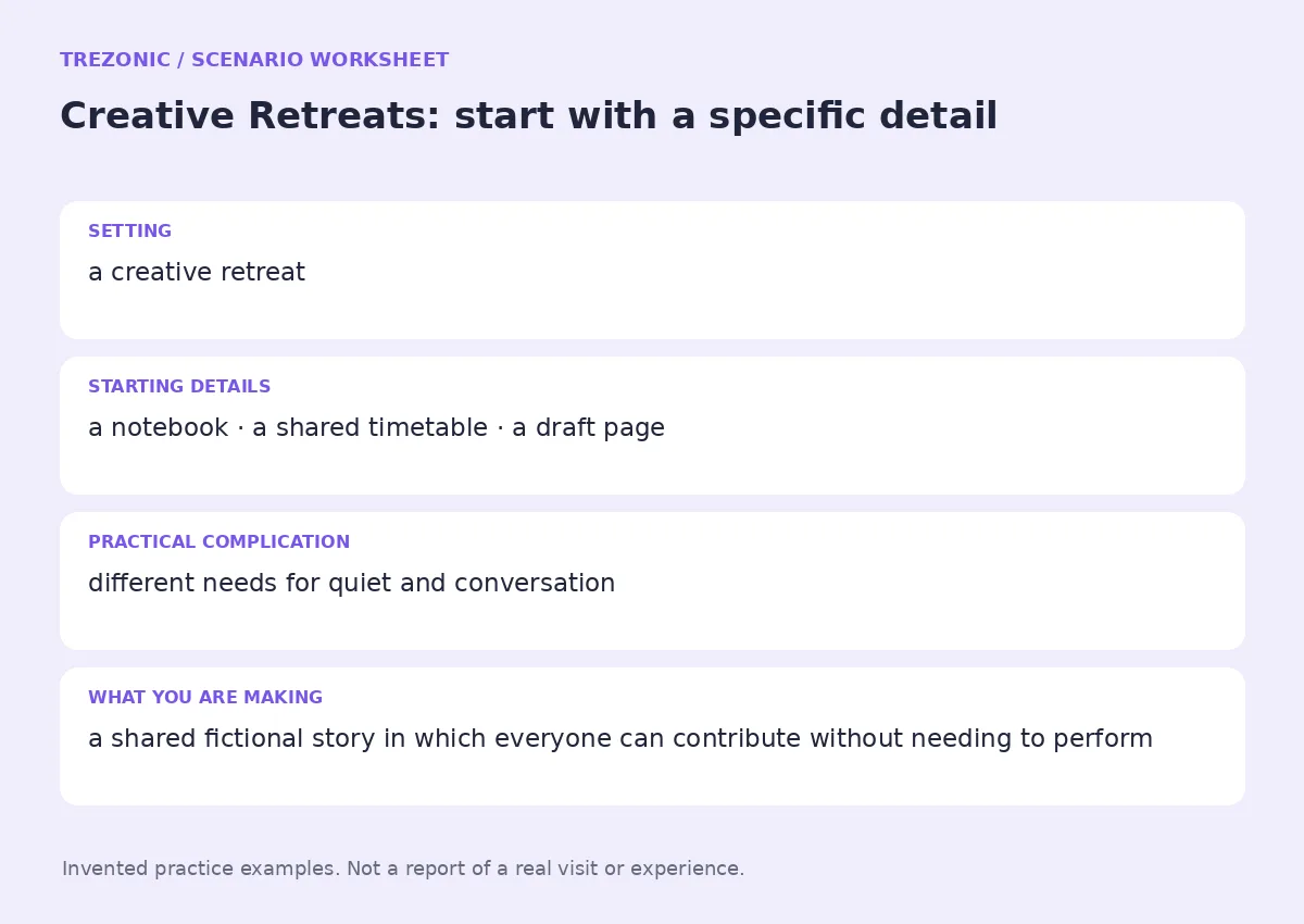 Practice worksheet for Creative Retreats: setting, starting details, complication and goal