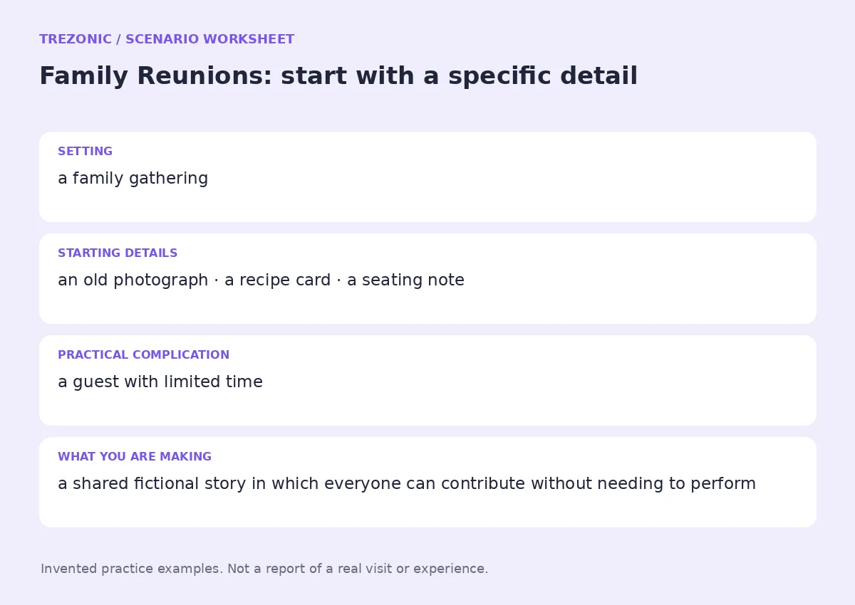 Practice worksheet for Family Reunions: setting, starting details, complication and goal