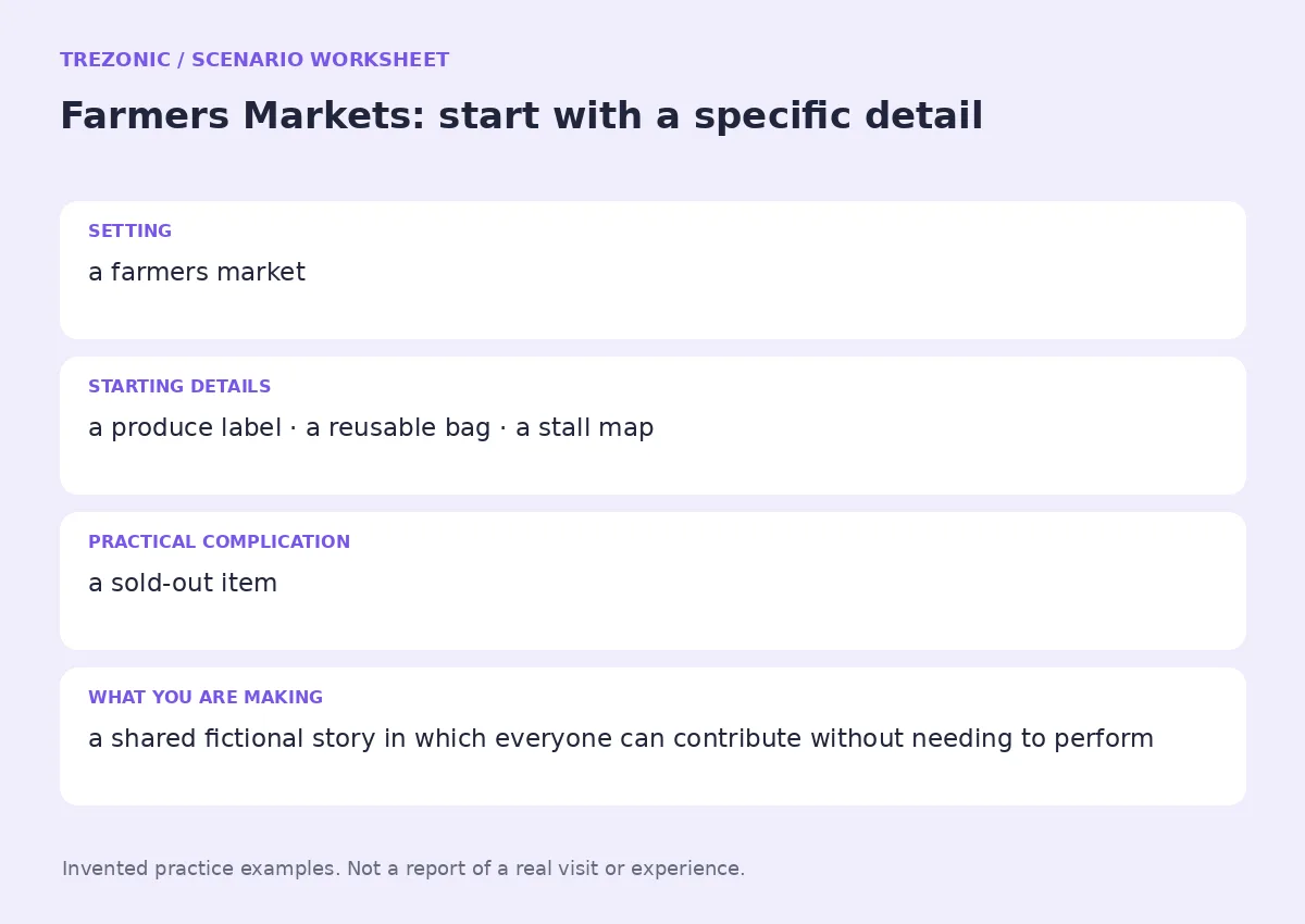 Practice worksheet for Farmers Markets: setting, starting details, complication and goal