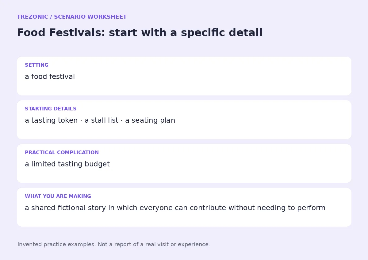 Practice worksheet for Food Festivals: setting, starting details, complication and goal