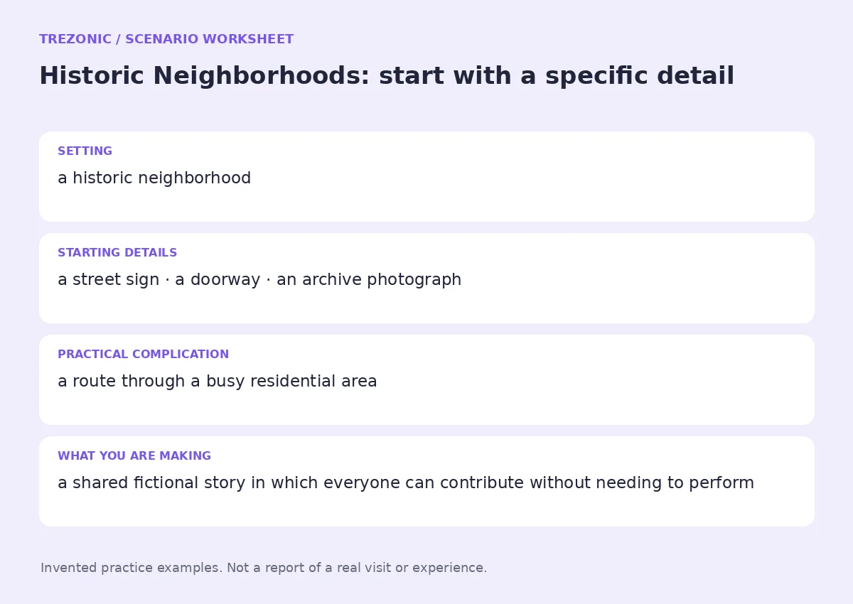 Practice worksheet for Historic Neighborhoods: setting, starting details, complication and goal