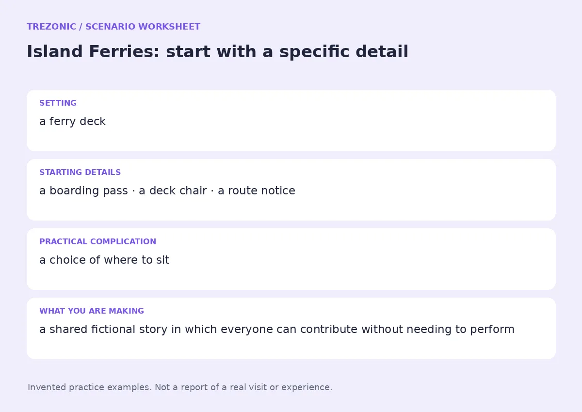 Practice worksheet for Island Ferries: setting, starting details, complication and goal