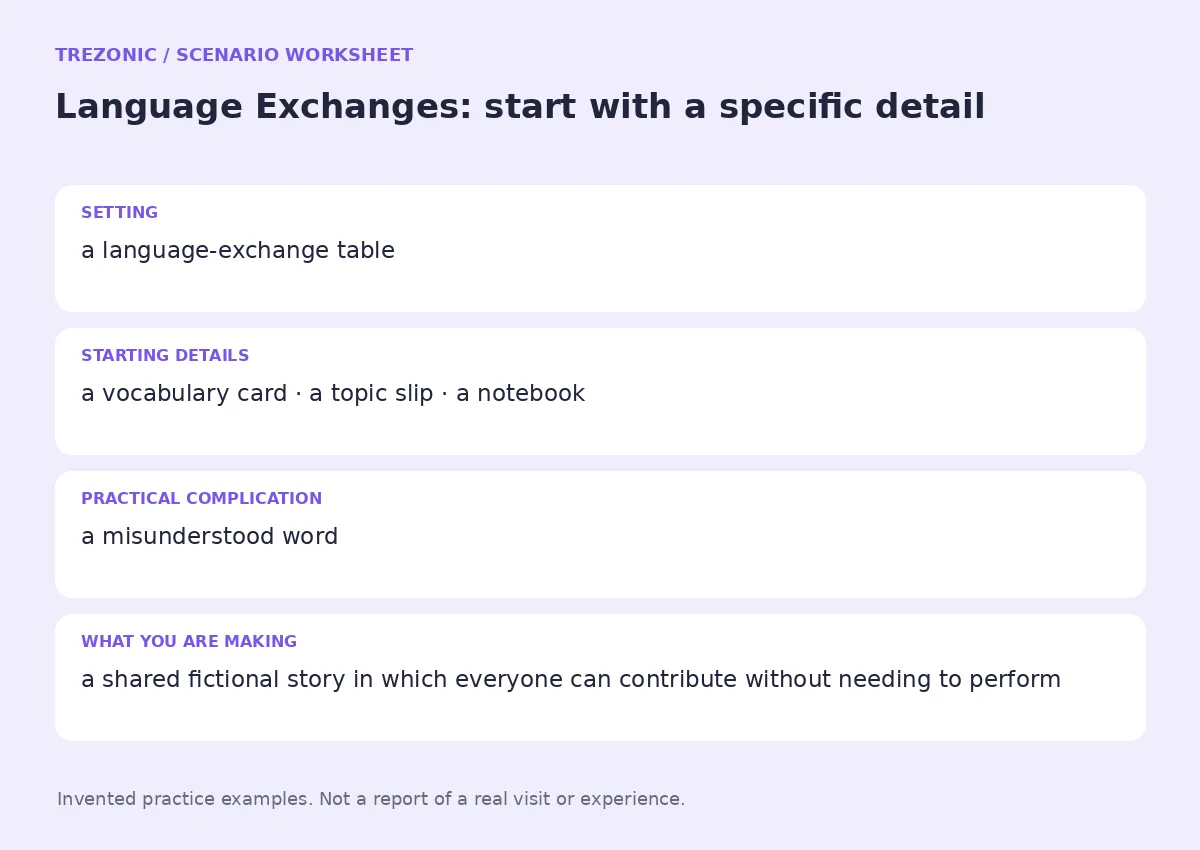 Practice worksheet for Language Exchanges: setting, starting details, complication and goal