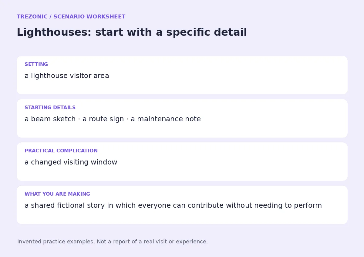 Practice worksheet for Lighthouses: setting, starting details, complication and goal