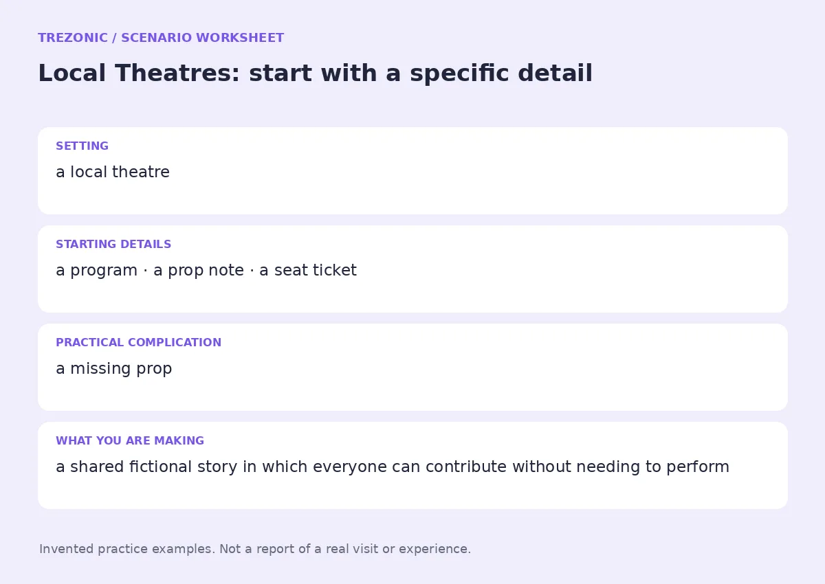 Practice worksheet for Local Theatres: setting, starting details, complication and goal