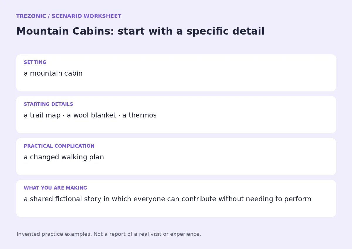 Practice worksheet for Mountain Cabins: setting, starting details, complication and goal