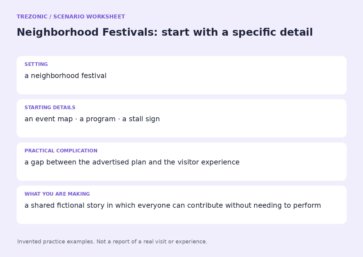 Practice worksheet for Neighborhood Festivals: setting, starting details, complication and goal