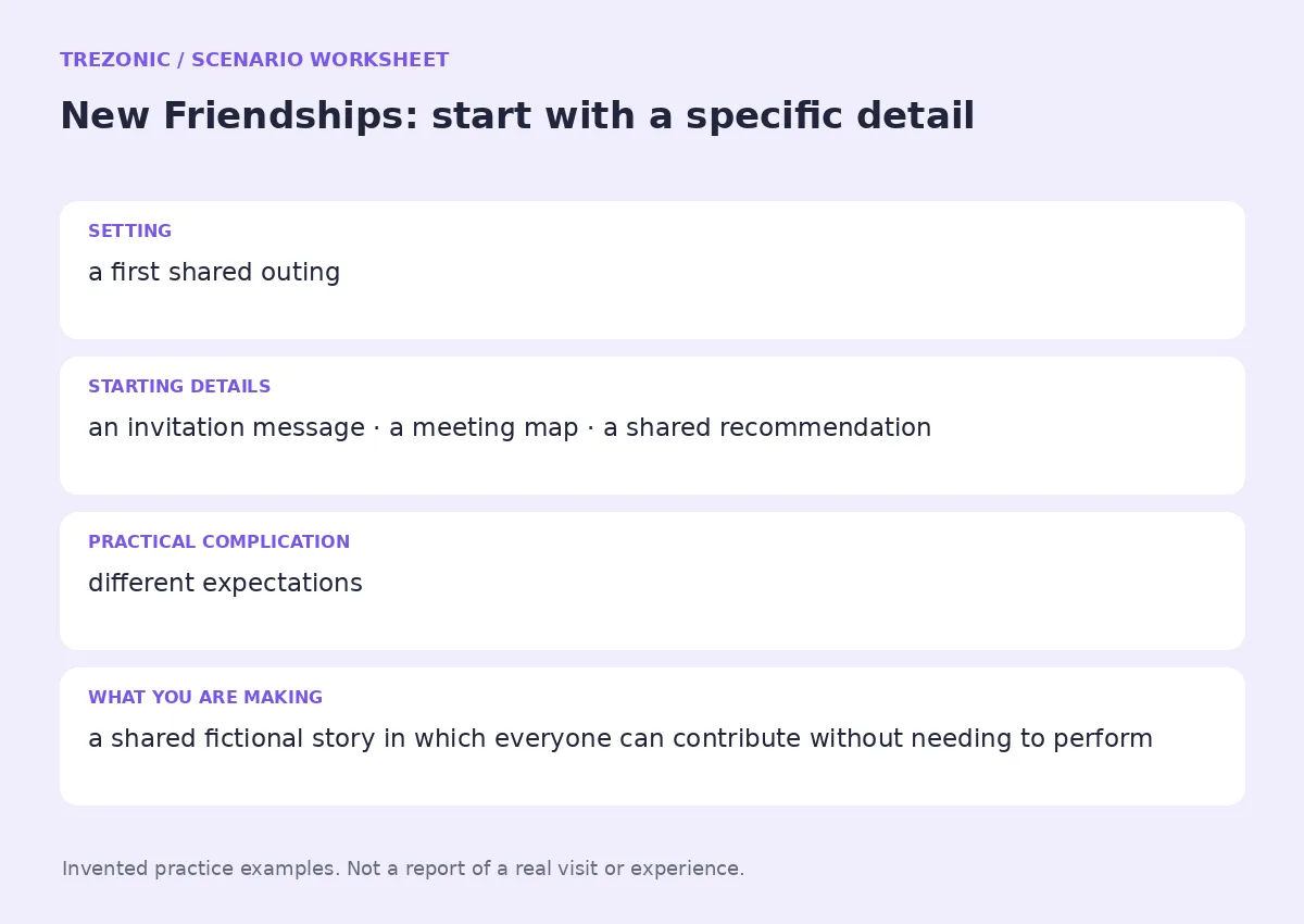 Practice worksheet for New Friendships: setting, starting details, complication and goal