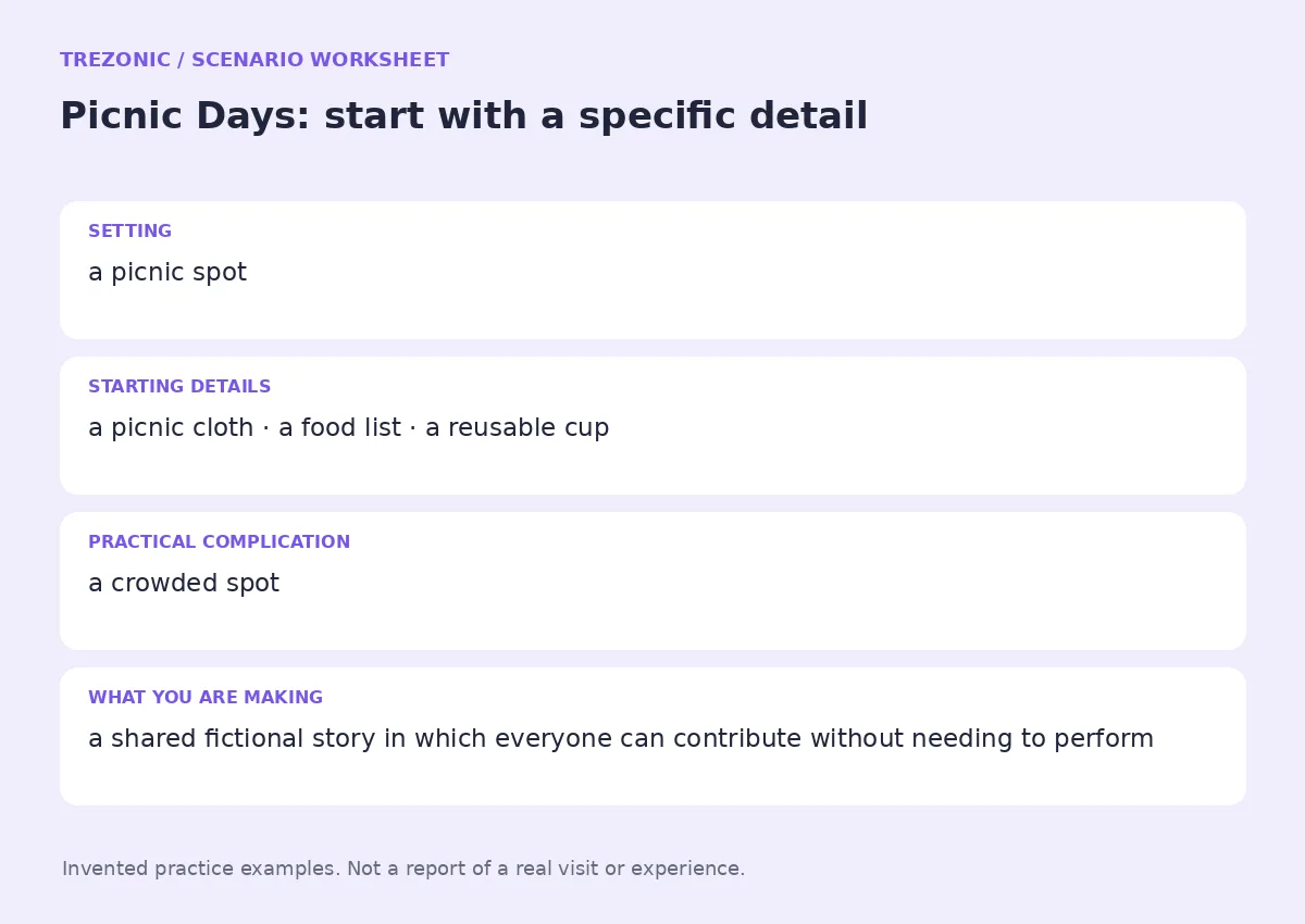 Practice worksheet for Picnic Days: setting, starting details, complication and goal