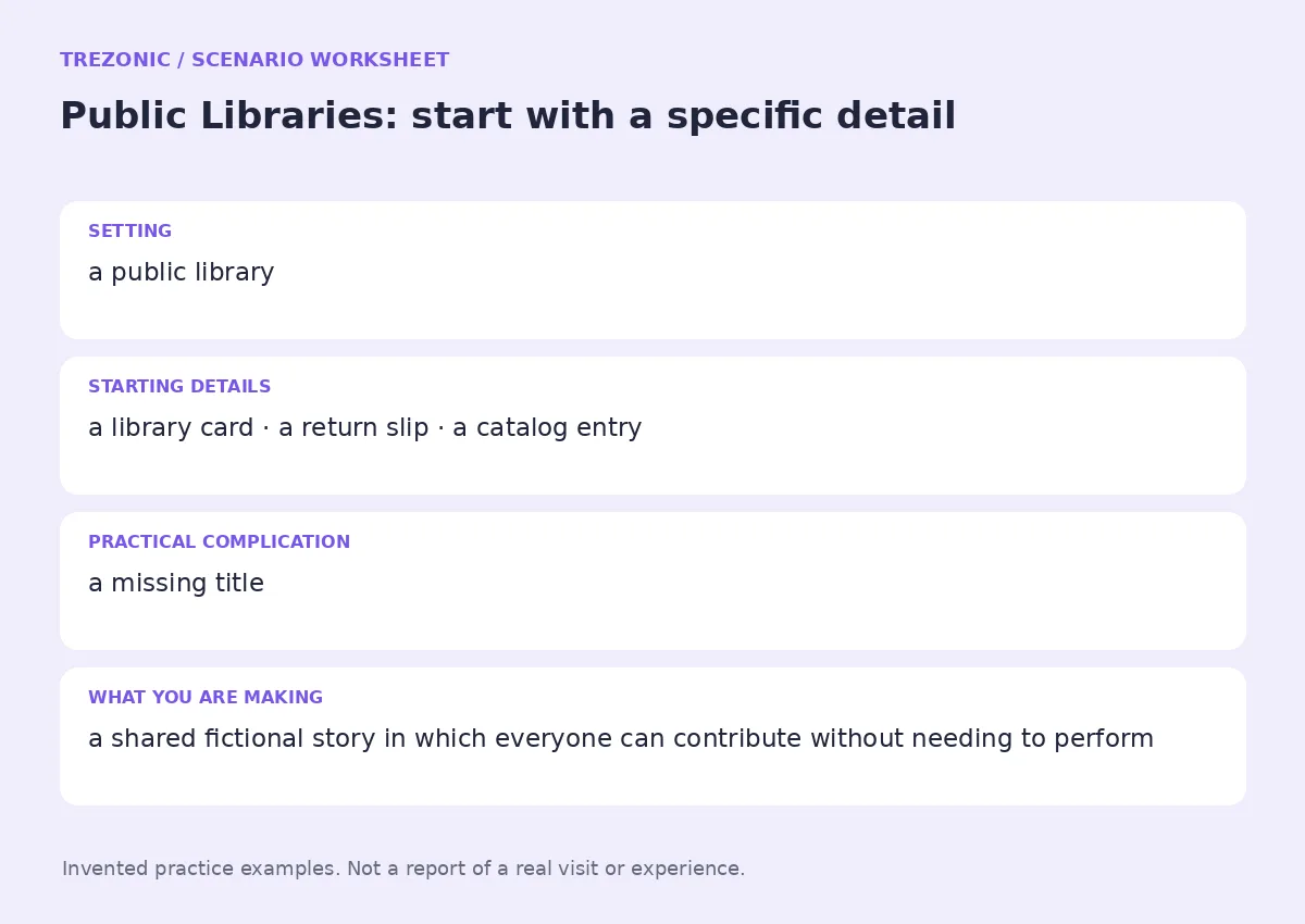 Practice worksheet for Public Libraries: setting, starting details, complication and goal