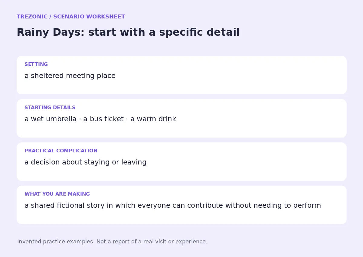 Practice worksheet for Rainy Days: setting, starting details, complication and goal