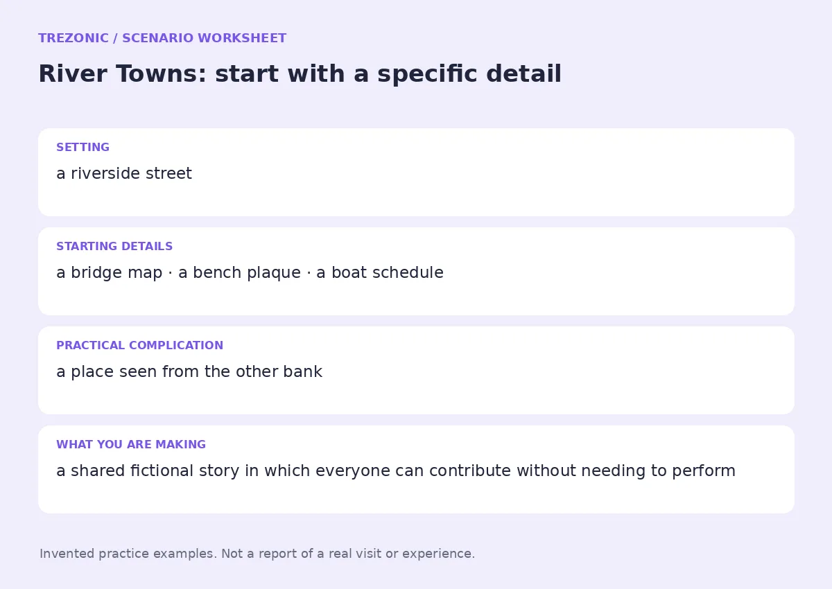 Practice worksheet for River Towns: setting, starting details, complication and goal
