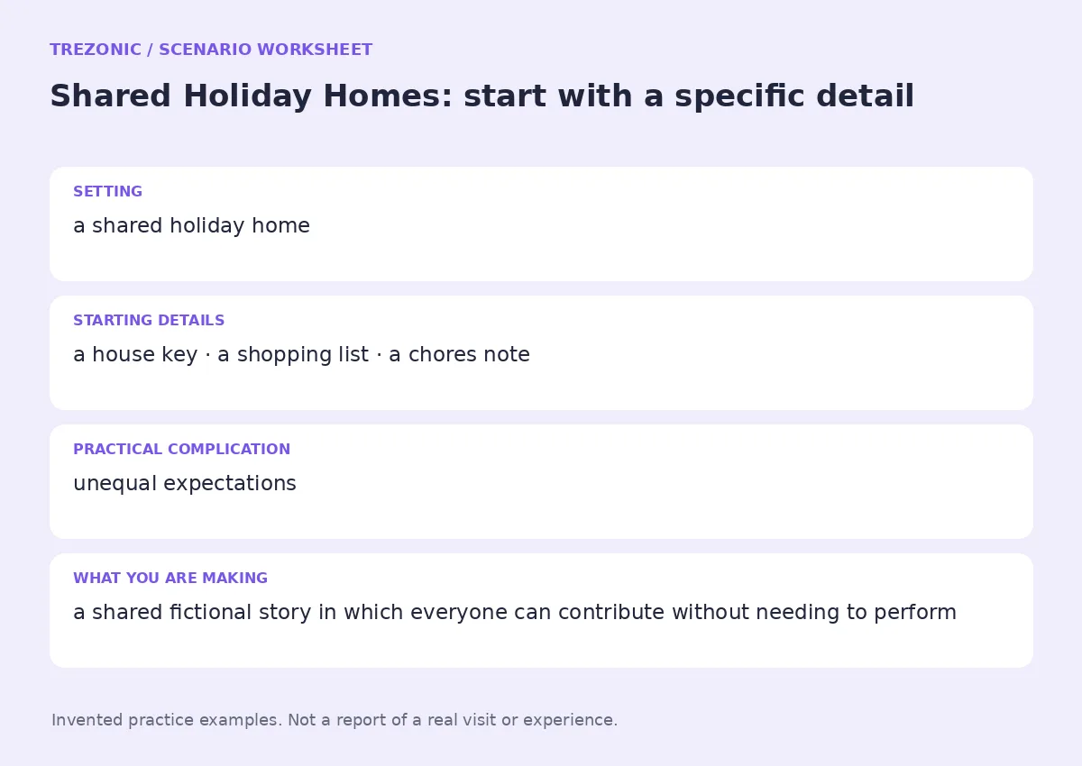Practice worksheet for Shared Holiday Homes: setting, starting details, complication and goal