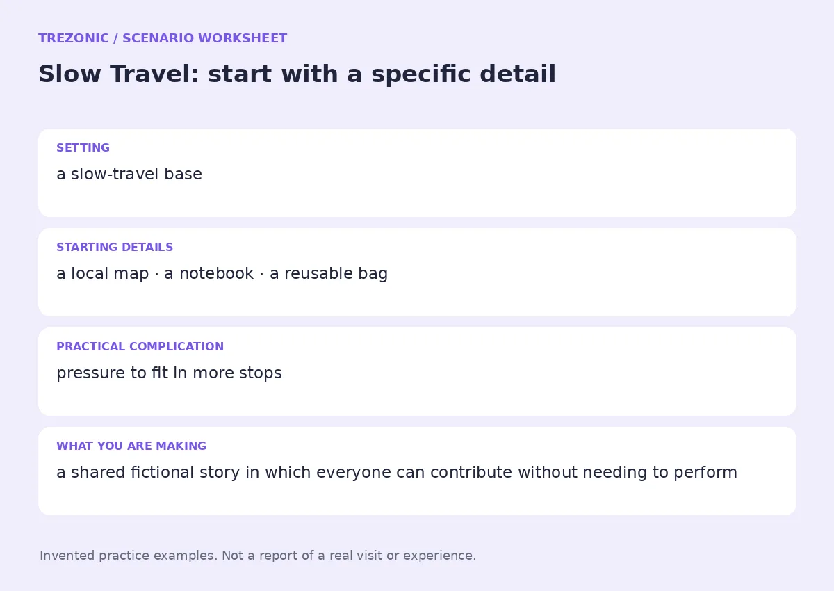 Practice worksheet for Slow Travel: setting, starting details, complication and goal
