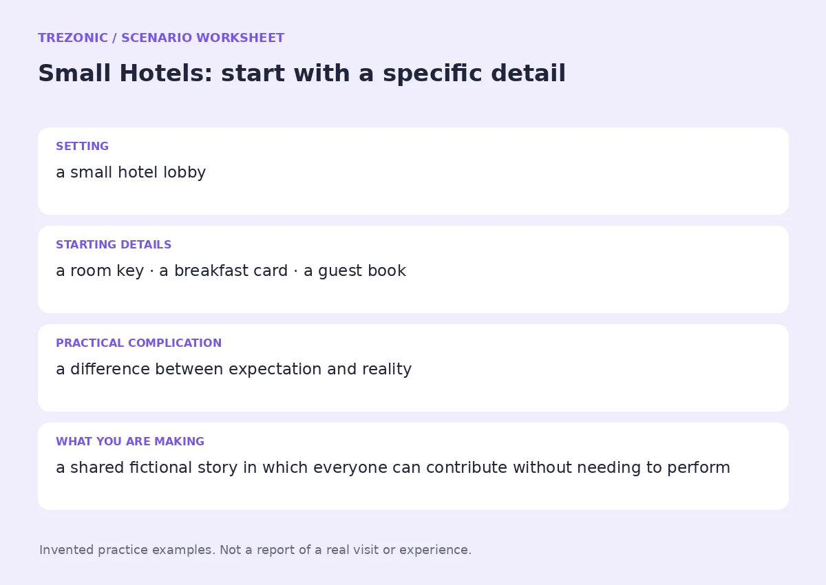 Practice worksheet for Small Hotels: setting, starting details, complication and goal
