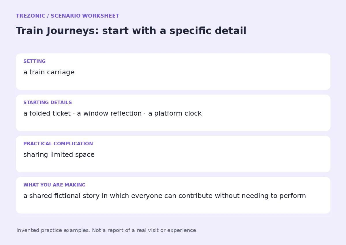 Practice worksheet for Train Journeys: setting, starting details, complication and goal