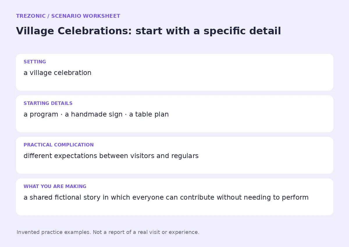 Practice worksheet for Village Celebrations: setting, starting details, complication and goal