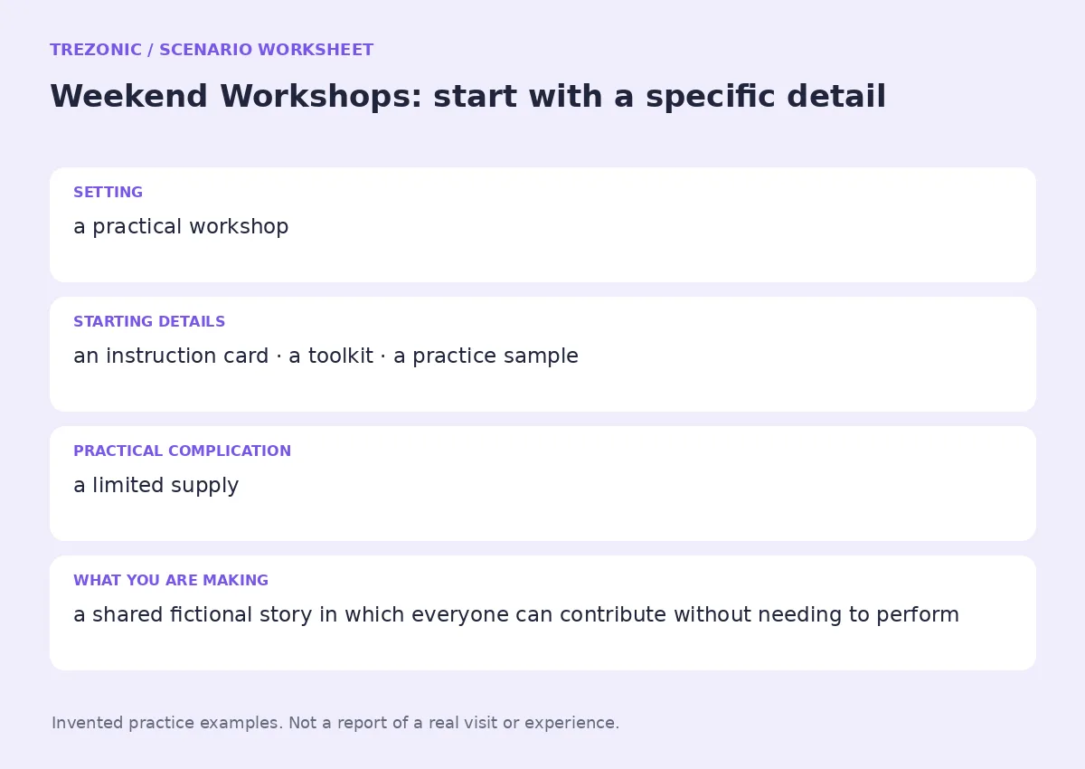 Practice worksheet for Weekend Workshops: setting, starting details, complication and goal